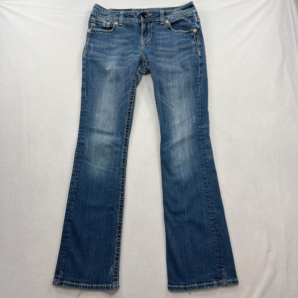 Miss Me Jeans Easy Boot Embroidered Rhinestone Blue Denim Womens 27